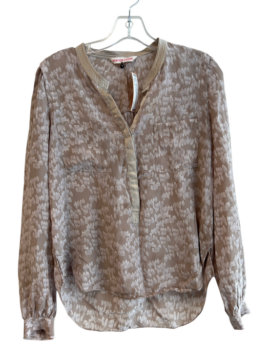 Rebecca Taylor Size 4 Brown Silk Round Neck Button Down Long Sleeve Abstract Top Brown / 4