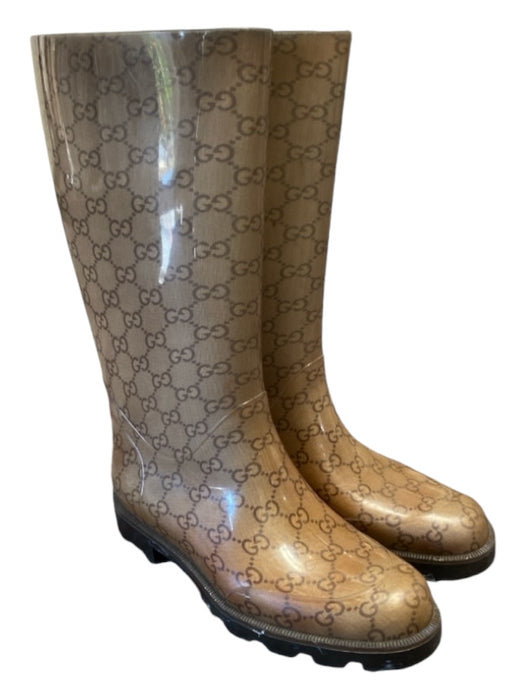 Gucci Shoe Size 37 Tan & brown Rubber Lug Sole Almond Toe Calf Height Rainboots Tan & brown / 37