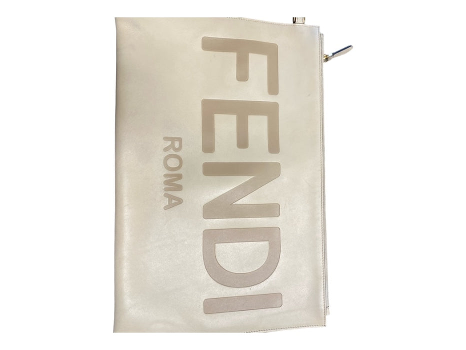 Fendi Cream Leather Top Zipper Gold Hardware Logo Pochette Clutch Cream