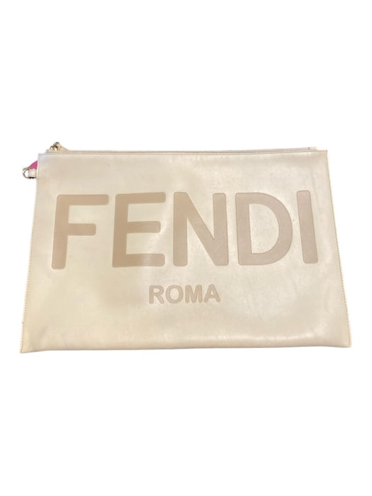 Fendi Cream Leather Top Zipper Gold Hardware Logo Pochette Clutch Cream