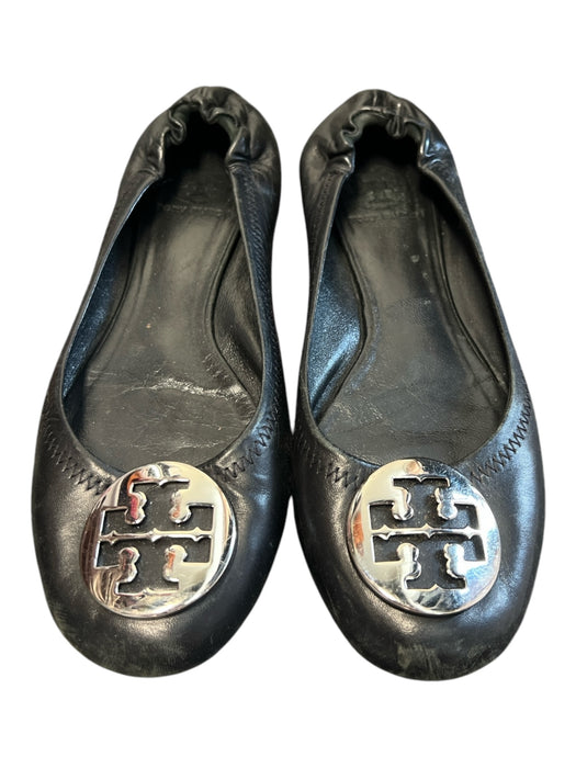 Tory Burch Shoe Size 8 Black Leather Logo Silver Hardware Flat Ballet Flat Shoes Black / 8