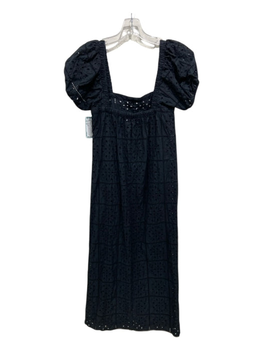 Ganni Size 34 Black Cotton Eyelets Zip Close Square Neck Short Puff Sleeve Dress Black / 34