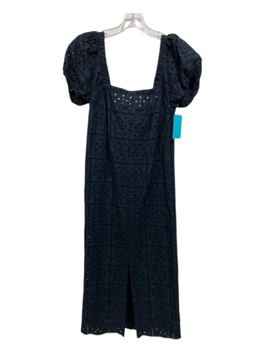 Ganni Size 34 Black Cotton Eyelets Zip Close Square Neck Short Puff Sleeve Dress Black / 34