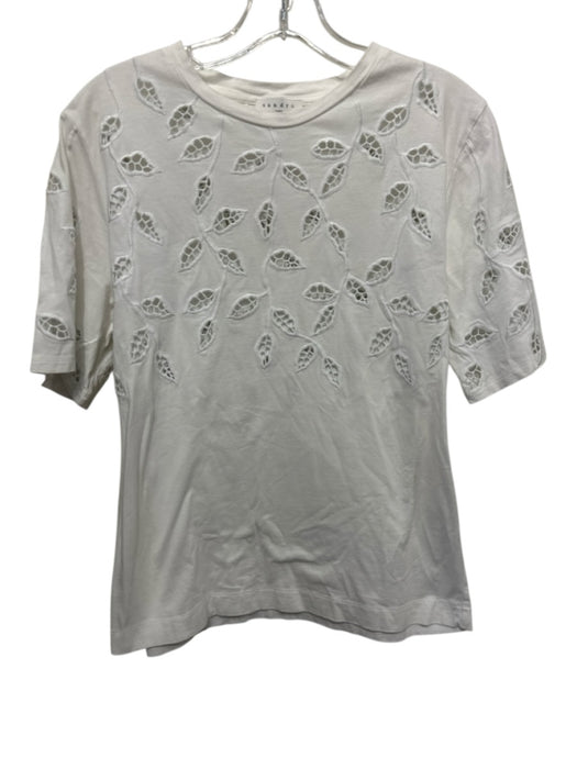 Sandro Size Est S White Cotton Eyelets Short Sleeve Leaf Detail Top White / Est S