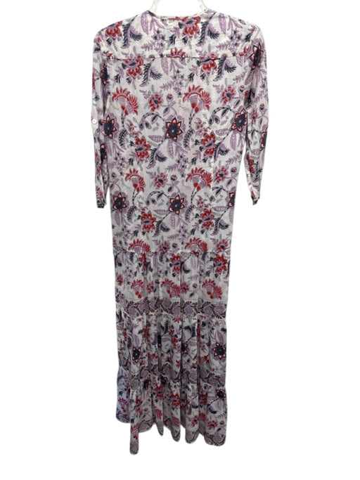 Bell Size XS Ivory, Purple & Red Silk & Cotton V Neck Floral 3/4 Sleeve Dress Ivory, Purple & Red / XS