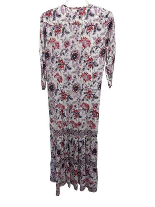 Bell Size XS Ivory, Purple & Red Silk & Cotton V Neck Floral 3/4 Sleeve Dress Ivory, Purple & Red / XS