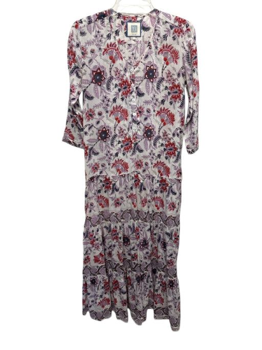 Bell Size XS Ivory, Purple & Red Silk & Cotton V Neck Floral 3/4 Sleeve Dress Ivory, Purple & Red / XS