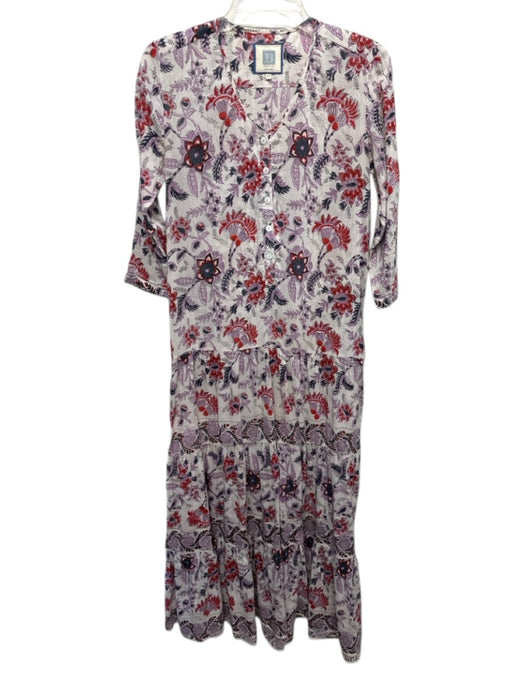 Bell Size XS Ivory, Purple & Red Silk & Cotton V Neck Floral 3/4 Sleeve Dress Ivory, Purple & Red / XS