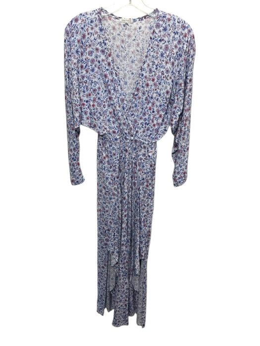 Poupette St. Barth Size XS Blue Multi Viscose V Neck Long Sleeve Slit Dress Blue Multi / XS