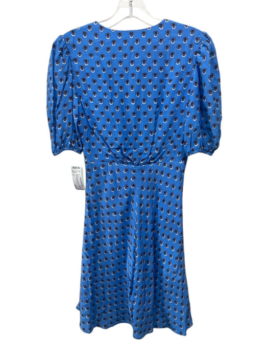 Staud Size 0 Blue Rayon Blend V Neck Puff Sleeve Printed Mini Dress Blue / 0
