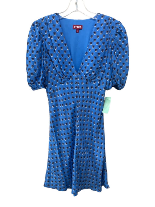 Staud Size 0 Blue Rayon Blend V Neck Puff Sleeve Printed Mini Dress Blue / 0