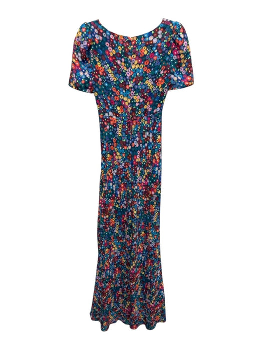 Staud Size 0 Navy & Multi Poly Blend Short Sleeve Floral Print Leg Slit Dress Navy & Multi / 0