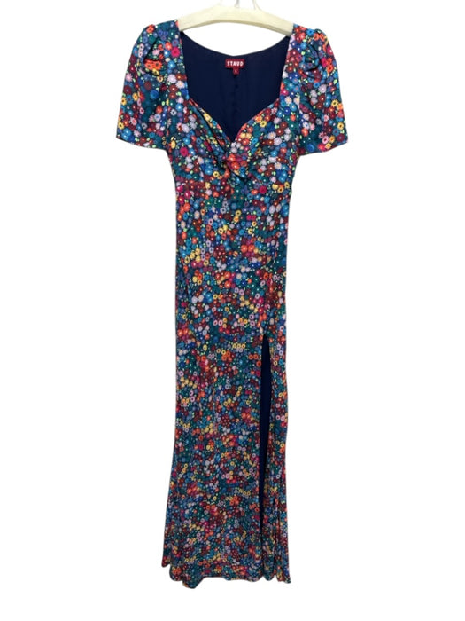 Staud Size 0 Navy & Multi Poly Blend Short Sleeve Floral Print Leg Slit Dress Navy & Multi / 0