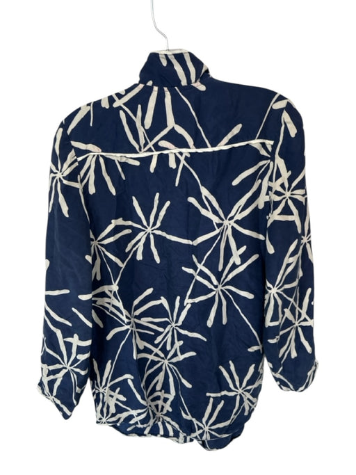 Eloise Size M Navy & Cream Silk Long Sleeve Flowers Button Down Top Navy & Cream / M