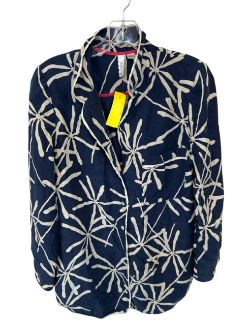 Eloise Size M Navy & Cream Silk Long Sleeve Flowers Button Down Top Navy & Cream / M