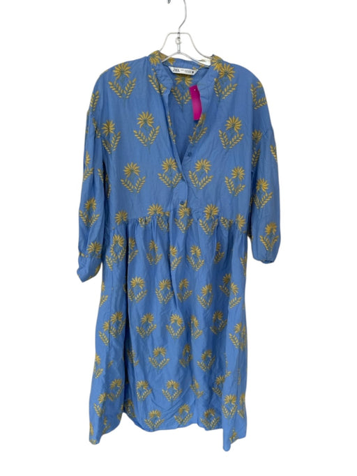 Zara Size XS Blue & Yellow Cotton Long Sleeve Embroidered Flowers Buttons Dress Blue & Yellow / XS