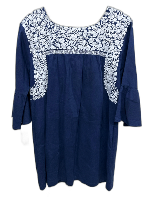 J.Marie Size S Navy Blue & White Linen Blend Floral Embroidered 1/2 Sleeve Dress Navy Blue & White / S