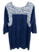 J.Marie Size S Navy Blue & White Linen Blend Floral Embroidered 1/2 Sleeve Dress Navy Blue & White / S