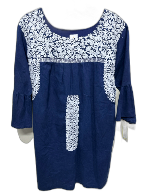 J.Marie Size S Navy Blue & White Linen Blend Floral Embroidered 1/2 Sleeve Dress Navy Blue & White / S