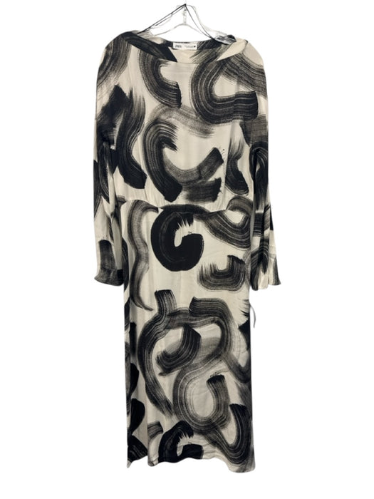 Zara Size M Cream Black Blue Polyester Long Sleeve Brush Strokes Dress Cream Black Blue / M