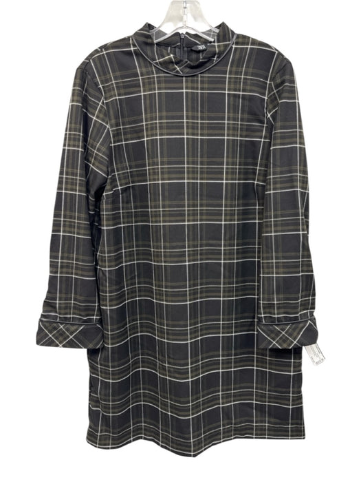 Zara Size L Green & Black Polyester Blend Faux Leather Trim Plaid Dress Green & Black / L