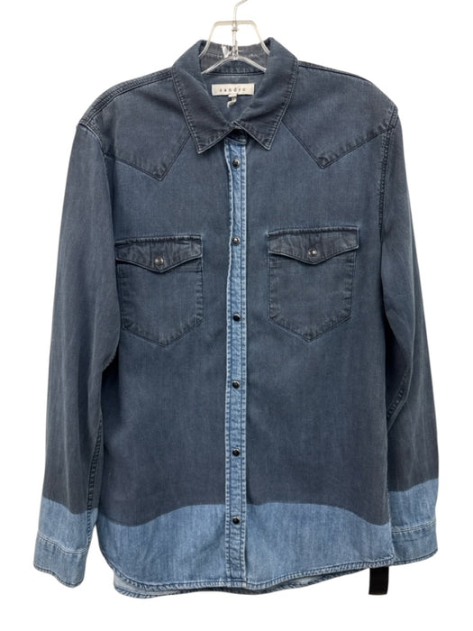 Sandro Size 3 Med Light Wash Cotton Denim Snap Front Color Block Collar Top Med Light Wash / 3