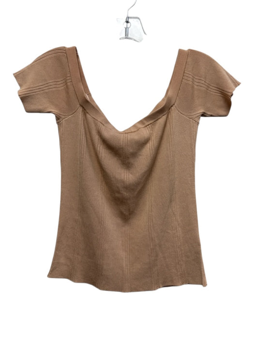 L'agence Size S Beige Rayon Blend Off Shoulder Ribbed Short Sleeve Top Beige / S