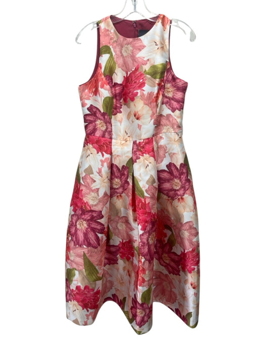 Kay Unger Size 10 Pink, White, Green Polyester Pleated Floral Belted Gown Pink, White, Green / 10