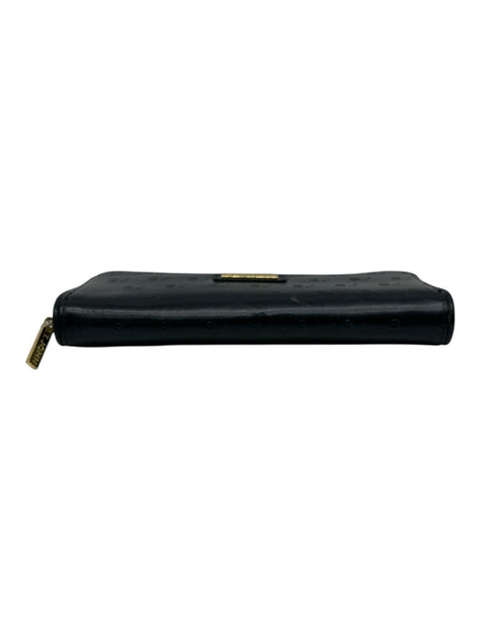 St John Black Leather Gold Tone Hardware Monogram Zip Close Continental Wallets Black