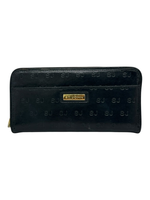 St John Black Leather Gold Tone Hardware Monogram Zip Close Continental Wallets Black