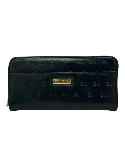 St John Black Leather Gold Tone Hardware Monogram Zip Close Continental Wallets Black