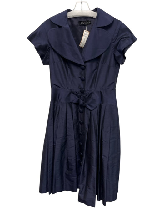 Teri Jon Size 8 Navy Silk Pleats Button Front Zip Close Adjustable Waist Dress Navy / 8