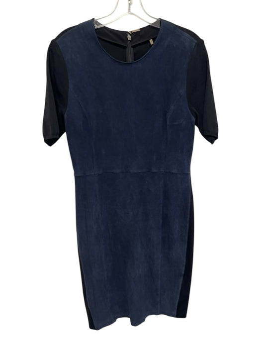 Elie Tahari Size 10 Navy Lamb leather Zip Back Round Neck Mixed Fabric Dress Navy / 10