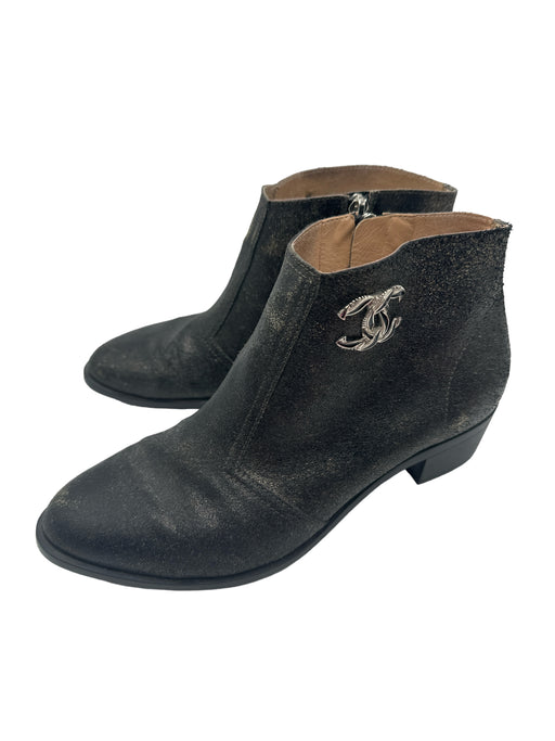 Chanel Shoe Size 39.5 Metallic Black Leather Almond Toe Block Heel Booties Metallic Black / 39.5