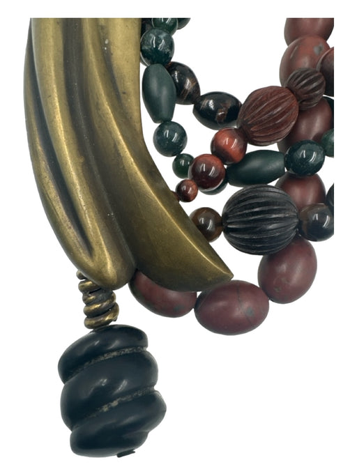 Stephen Dweck Teal, Brown & Brass Wood & Stone Brass Beaded Carved Necklace Teal, Brown & Brass