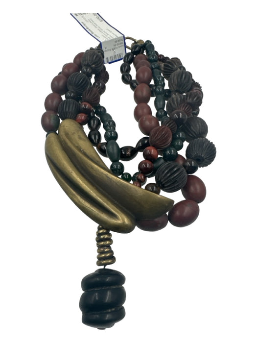 Stephen Dweck Teal, Brown & Brass Wood & Stone Brass Beaded Carved Necklace Teal, Brown & Brass