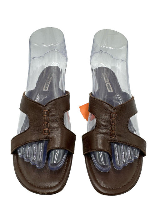 Manolo Blahnik Shoe Size 37 Brown Leather Toe Strap Open Heel Kitten Heel Mules Brown / 37