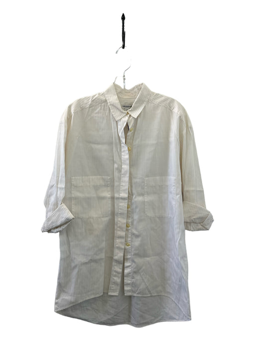 Lacoste Size 36 Tan & White Cotton Long Sleeve Striped High Low Button Down Top Tan & White / 36