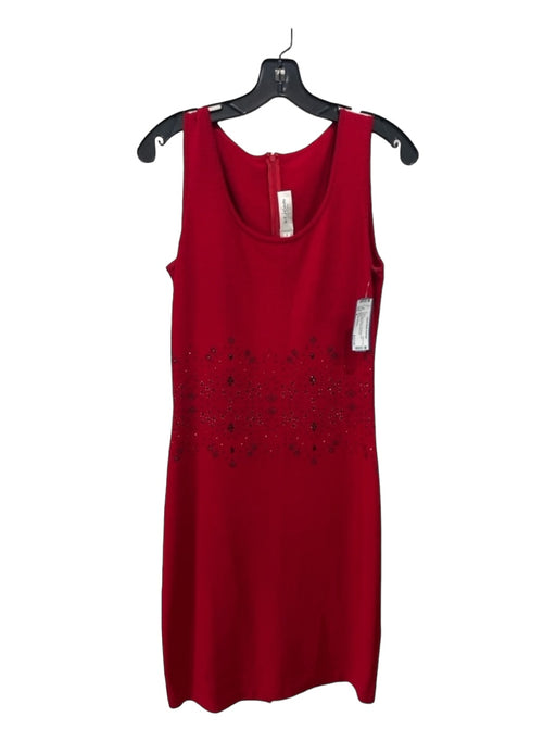 St John Evening Size 4 Red Wool Blend Sleeveless Knit Embellished Midi Dress Red / 4