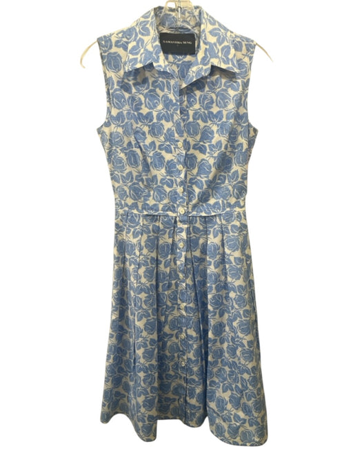 Samantha Sung Size 2 Light blue & white Cotton Sleeveless Floral Collar Dress Light blue & white / 2