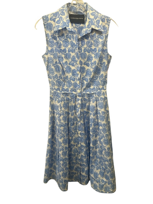 Samantha Sung Size 2 Light blue & white Cotton Sleeveless Floral Collar Dress Light blue & white / 2