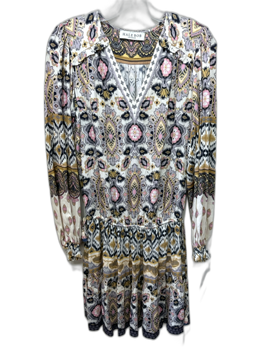 Hale Bob Size S White, Tan & Multi Viscose Blend Abstract Print V Neck Dress White, Tan & Multi / S