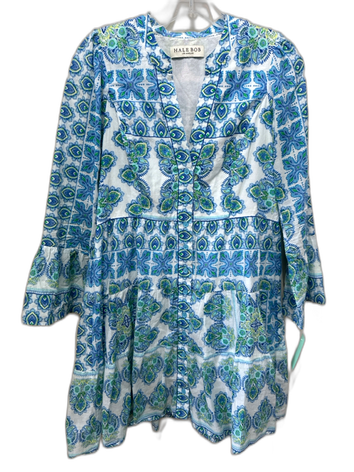 Hale Bob Size S White, Blue, Green Cotton Long Sleeve Abstract Geometric Dress White, Blue, Green / S