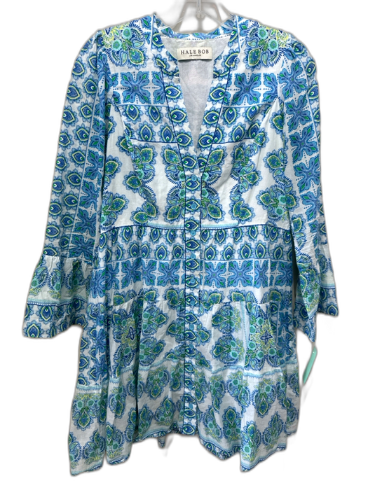 Hale Bob Size S White, Blue, Green Cotton Long Sleeve Abstract Geometric Dress White, Blue, Green / S
