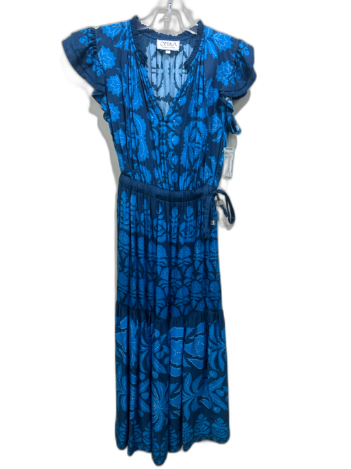Omika Size XS Blue Modal & Viscose Ruffle Cap Sleeve Leaf Print Dress Blue / XS