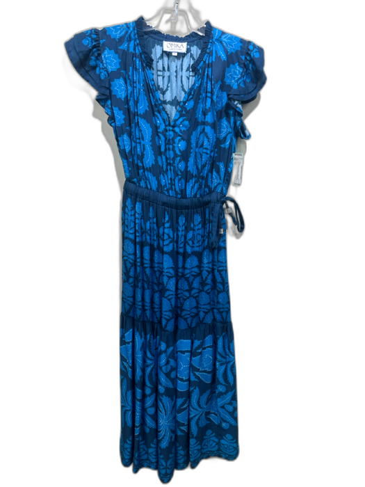 Omika Size XS Blue Modal & Viscose Ruffle Cap Sleeve Leaf Print Dress Blue / XS