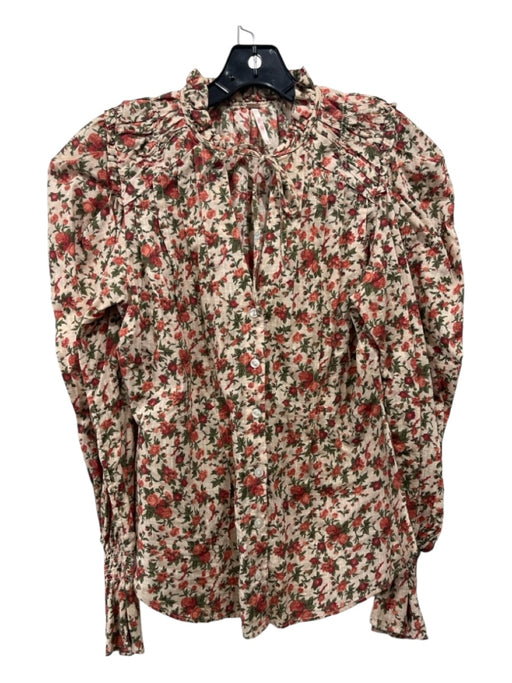 Free People Size Small Cream, Red, Green Long Sleeve Floral Button Front Top Cream, Red, Green / Small