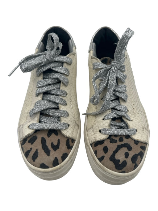 P448 Shoe Size 36 White, Silver, Beige Leather Snake Embossed Laces Sneakers White, Silver, Beige / 36