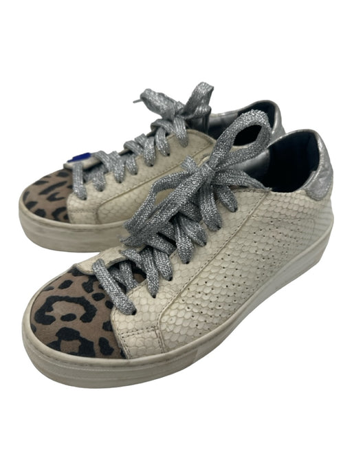 P448 Shoe Size 36 White, Silver, Beige Leather Snake Embossed Laces Sneakers White, Silver, Beige / 36