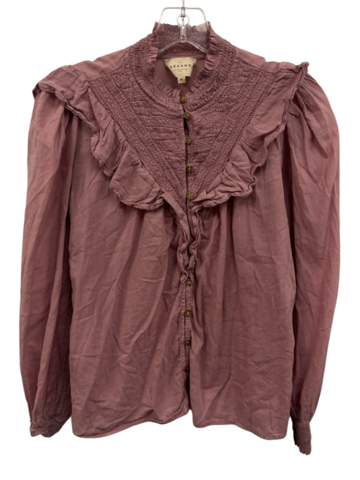 Sezane Size 34 Dusty Pink Cotton Long Balloon Sleeve Button Front High Neck Top Dusty Pink / 34